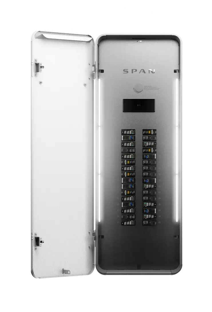 SPAN smart electrical panel open, showing circuit breakers and LED lighting
